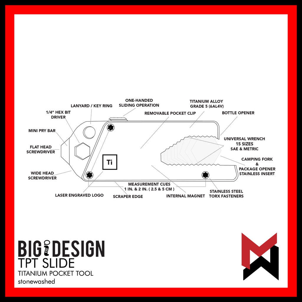 BIGiDESIGN - TPT Slide w/ Leather Sheath - Matte BLACK - Titanium Pocket Tool - Big Idea Design