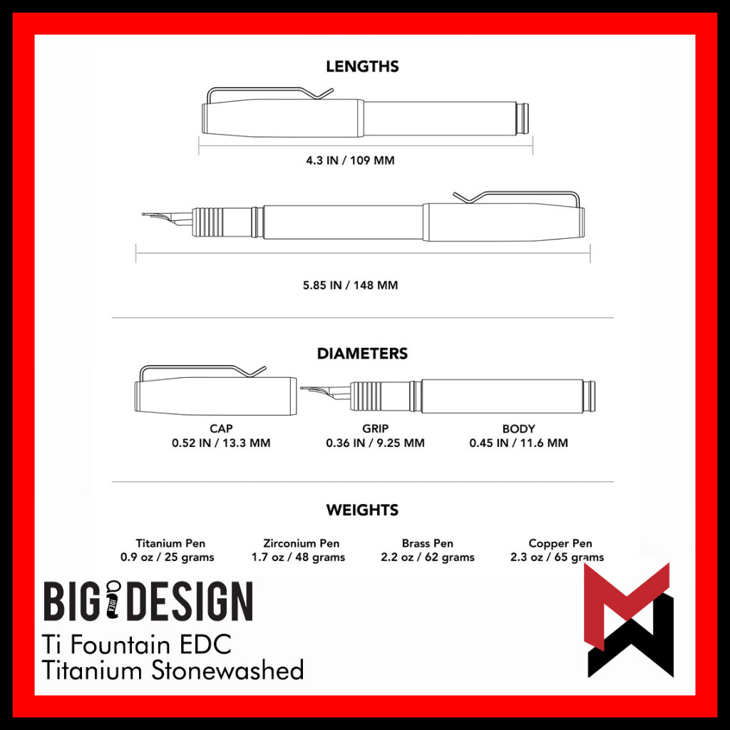 BIGiDESIGN - Ti Fountain EDC - Titanium Stonewashed - Fountain Pen