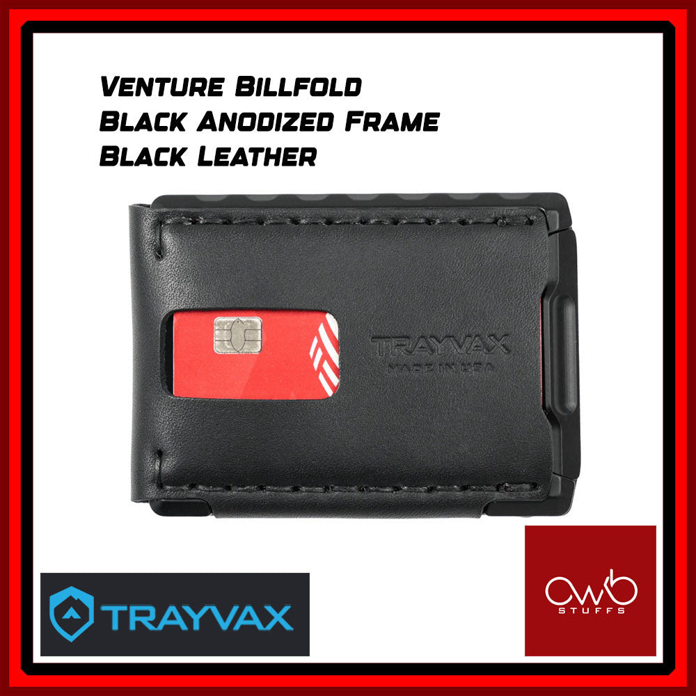 Trayvax Venture Billfold Wallet - Black Leather - Black Metal - Minimalist Bifold EDC Wallet