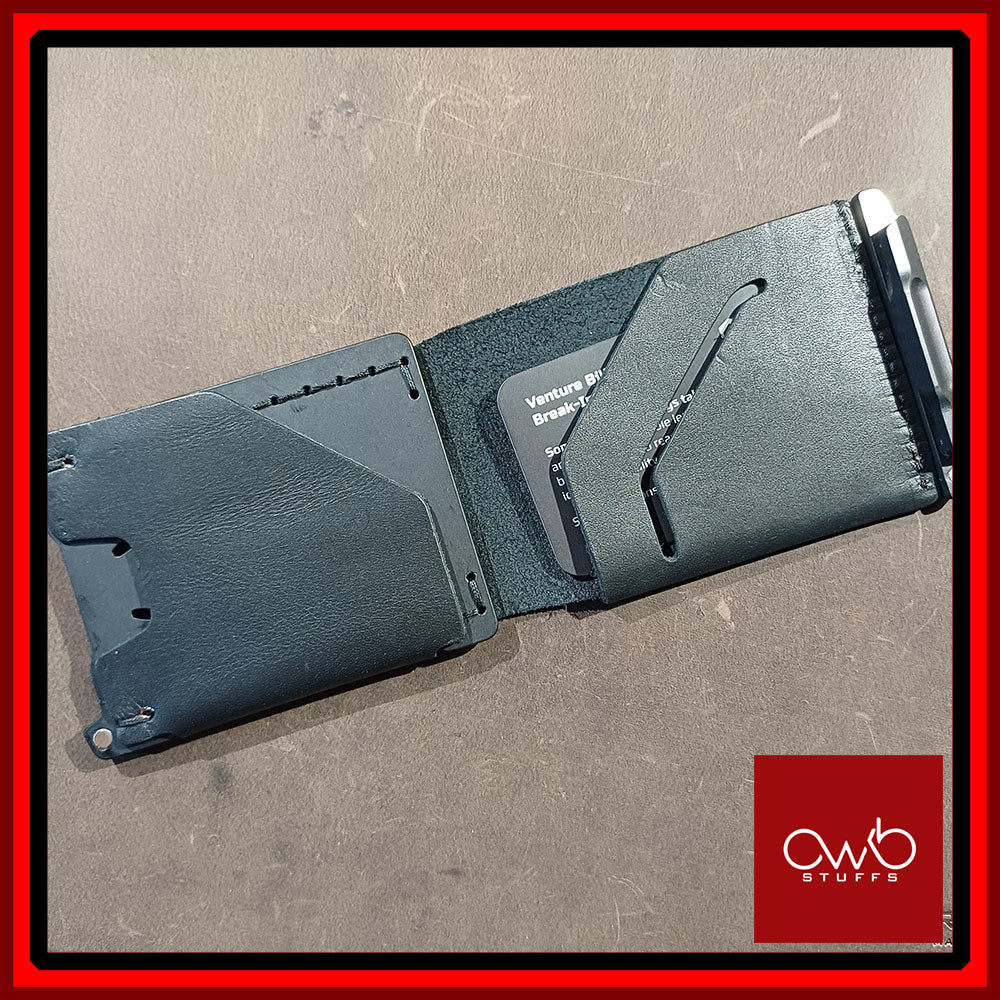 Trayvax Venture Billfold Wallet - Black Leather - Black Metal - Minimalist Bifold EDC Wallet