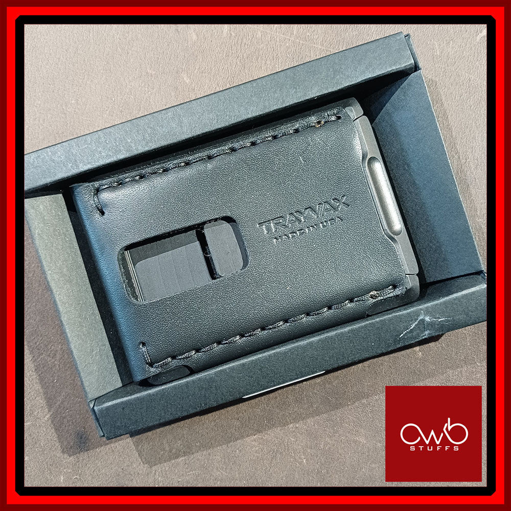 Trayvax Venture Billfold Wallet - Black Leather - Black Metal - Minimalist Bifold EDC Wallet