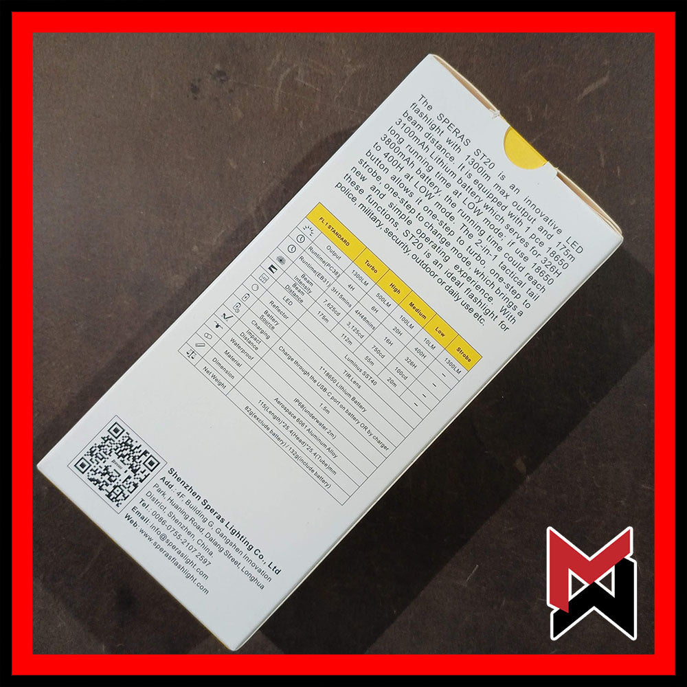 Speras - ST20 - Black - 1300LM Small Tactical Flashlight