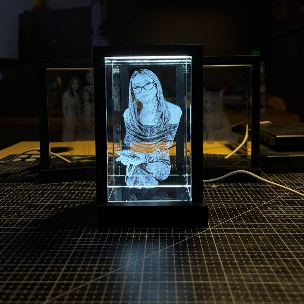 3D Crystal Photo Engraving w/ USB LED Light Base- Personalized Gift on Glass Crystal