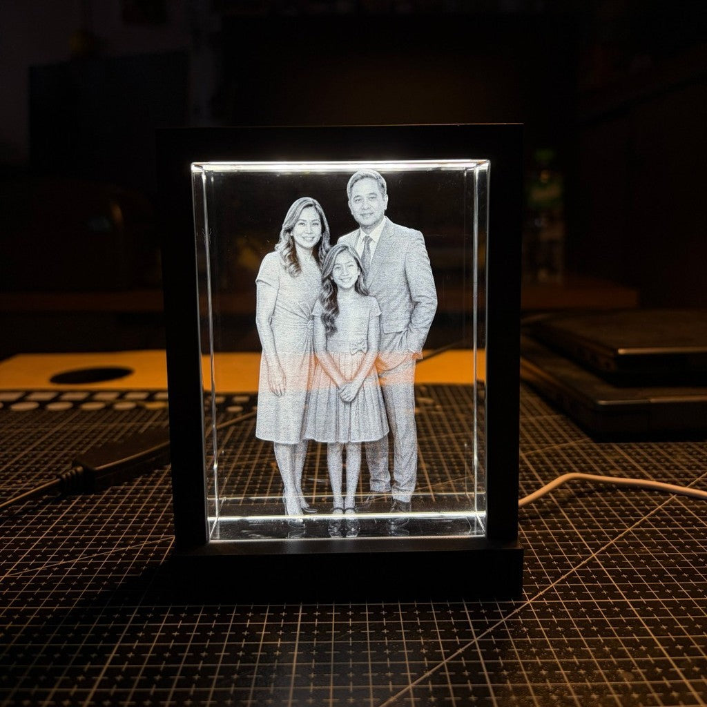3D Crystal Photo Engraving w/ USB LED Light Base- Personalized Gift on Glass Crystal